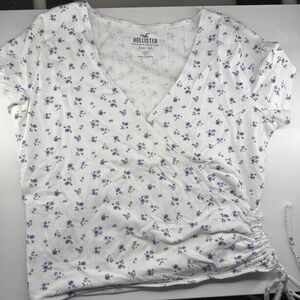 Hollister White and Blue Floral Wrap Blouse